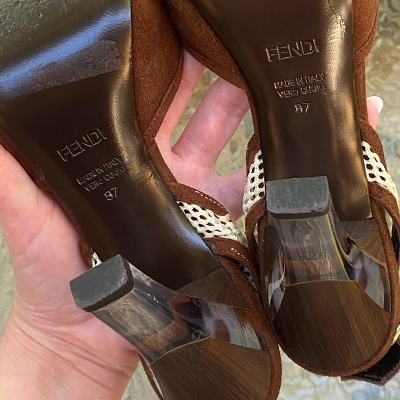 Fendi Brown Suede Peep Toe Mesh Clear Lucite Heels - Picture 9 of 16